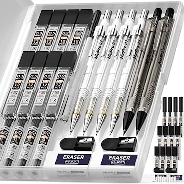 Nicpro 6 PCS Art Mechanical Pencils Set with Case, Drafting Pencil 0. 30. 50. 70. 9 mm and 2mm Lead Holder (4B 2B HB 2HFor Art Writing, Sketching Drawing,With Lead Refills Erasers Sharpener.