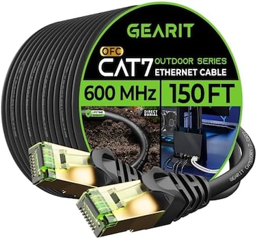 كابل إيثرنت خارجي من نوع GearIT Cat7 (150 قدم SFTP زوج ملتوي محمي برقائق معدنية، نحاس نقي، LLDPE، مقاوم للماء، دفن مباشر، تحت الأرض، مقاوم للأشعة فوق البنفسجية، POE، شبكة، LAN، إنترنت، Cat 7-150 قدم).