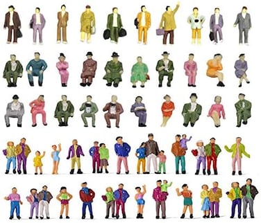 Hiawbon 50 Pcs People Figurines Set Tiny Sitting and Standing Delicate Hand Painted People Model Train Park Street People Figures for Miniature Scenes,1:87 Scale.