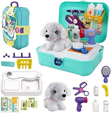 TEUVO Pet Care Play Set Doctor Kit for Kids, 16 Pcs Doctor Pretend Play Vet Dog Grooming Toys Puppy Dog Carrier Feeding Dog Backpack Gifts for Girls Boys 3-7 Years Old.