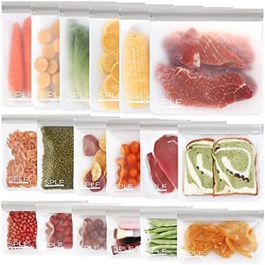 مجموعة SPLF المكونة من 18 كيس تخزين قابل لإعادة الاستخدام وخالٍ من مادة BPA (6 أكياس تجميد قابلة لإعادة الاستخدام سعة جالون، 6 أكياس سندويشات قابلة لإعادة الاستخدام، 6 أكياس وجبات خفيفة قابلة لإعادة ا
