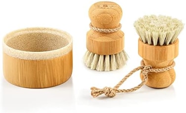 SUBEKYU Bubble Up Bamboo Dish Brush Set with Soap Holder, Wooden Dish Scrubber with Soap Dispenser, Natural Kitchen Scrub Brush, Washing Pot/Pans/Cast Iron, 2 Pack, Sisal Bristles.