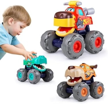 WITALENT Toy Cars For 1 2 3 Year Old 3 Pack Monster truck Toy PushGo Crocodile Car Friction Powered Bull Car Pull Back Leopard Car Big Wheel Animal Toy Car Baby Toy Gift For 12 18 Month Boys Girls Tod