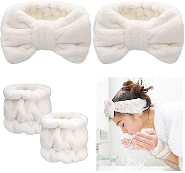 Chuangdi 4 Pieces Spa Headband Wrist Washband Face Wash Set, Include 2 Microfiber Headband and 2 Wrist Washband for Women Girls Prevent Liquids from Spilling Down Your Arms (White.