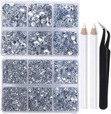 LPBeads 6400 Pieces Hotfix Rhinestones Clear Flat Back 5 Mixed Sizes Crystal Round Glass Gems with Tweezers and Picking Rhinestones Pen.