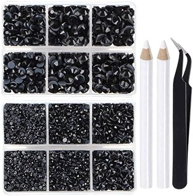 LPBeads 6400 Pieces Hotfix Rhinestones Black Flat Back 5 Mixed Sizes Crystal Round Glass Gems with Tweezers and Picking Rhinestones Pen.