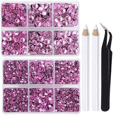 LPBeads 6400 Pieces Hotfix Rhinestones Pink Flat Back 5 Mixed Sizes Crystal Round Glass Gems with Tweezers and Picking Rhinestones Pen.