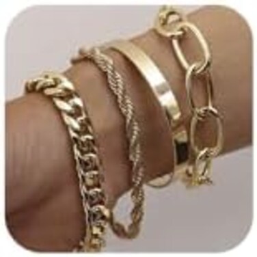 fxmimior Dainty Boho Gold Silver Chain Bracelets Set for Women Adjustable Fashion Beaded Chunky Flat Cable Chain Punk Bracelets Jewelry for Women Gift Set of 4.