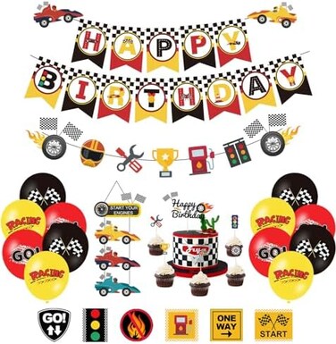 PRATYUS Race Car Birthday Decorations Let's go Racing Party Supplies with Banner, Welcome Hanger, Car Party Signs, Cake Topper and Balloons.