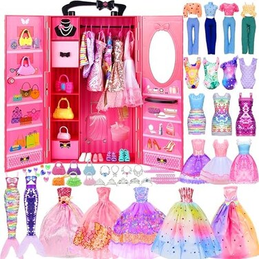 PURPERCAT 150 Pack Doll Closet Wardrobe Set Contain 19 Pack Complete Clothes and 131 Pieces Doll Accessories - Wardrobe, Shoes, Necklace, Bags and More for 11. 5 Inch Doll.