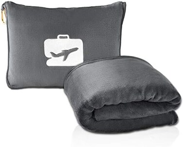 EverSnug Travel Blanket and Pillow - Premium Soft 2 in 1 Airplane Blanket with Soft Bag Pillowcase, Hand Luggage Sleeve and Backpack Clip (Grey.