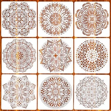 مجموعة AosBet المكونة من 9 قوالب استنسل ماندالا مقاس 12 × 12 بوصة للرسم على الخشب والأرضيات والجدران والبلاط والأقمشة، قوالب استنسل قابلة لإعادة الاستخدام للأثاث.
