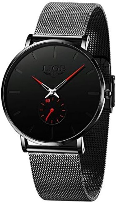 LIGE Men's Black Ultra Thin Watches Minimalist Fashion Gent Business Dress Wrist Watches Analog Quartz Waterproof Watch.