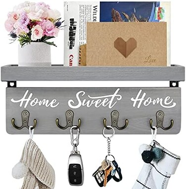 buways Wall-Mounted Key and Mail Holder, Wooden Key Rack with 4 Double Key Hooks, Rustic Home Decor for Entryway(Gray.