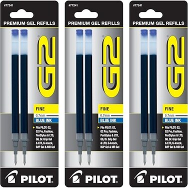 Pilot G2 Gel Ink Pen Refills, Fine Point, 0. 7mm, Blue Ink, 6 Refills.