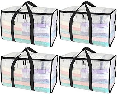 BALEINE 4-Pack Oversized Moving Bags with Reinforced Handles, Heavy-Duty Storage Tote for Clothes, Moving Supplies (Clear, 4-Pack.