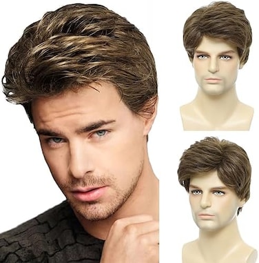BCHR Mens Brown Wig, Short Men Wigs Natural Fluffy Cosplay Costume Synthetic Mens Wig for Male Guy Halloween.