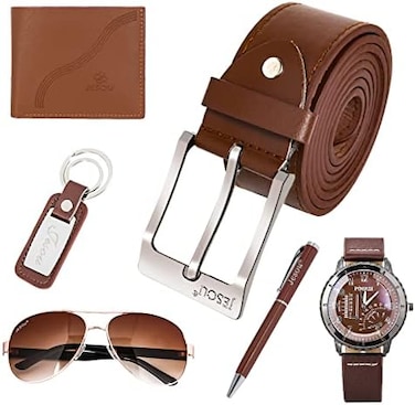Baojulong 6pcs Men's Gift Set With Box Brown Leather Belt Wallet Watch Glasses Keychain Ballpoint Pen Birthday Valentine Christmas Gifts for Men.