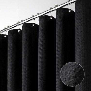 Dynamene Black Fabric Shower Curtain - Waffle Textured Heavy Duty Cloth Curtains for Bathroom, 256GSM Hotel Spa Luxury Weighted Polyester Bath Curtain Set with 12 Plastic Hooks(72Wx72H, Black.