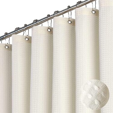 Dynamene Extra Long Fabric Shower Curtain， Waffle Weave 84 Inches Long Heavy Duty Cloth Shower Curtains for Bathroom, 256GSM Hotel Luxury Bath Curtain Set with 12 Plastic Hooks(72Wx84H, Cream/Ivory.