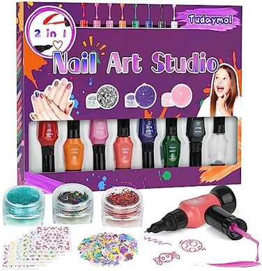 Tudaymol Nail Art Studio for Girls - Nail Polish Kit for Kids Ages 6-12 Years Old,Non-Toxic Peel-Off Safe Quick Dry Nail Polish Gift Kit Set,Cool Girls Toys Stuff - Polish, Pens, Glitter, Stickers.