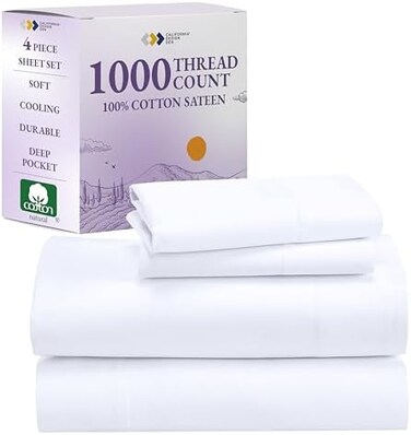 California Design Den Luxury 4 Piece Queen Size Sheet Set - 1000 Thread Count, 100% Cotton Sateen, Deep Pocket Fitted and Flat Sheets, Includes Pillowcase Set, Soft and Thick Cotton - Bright White.