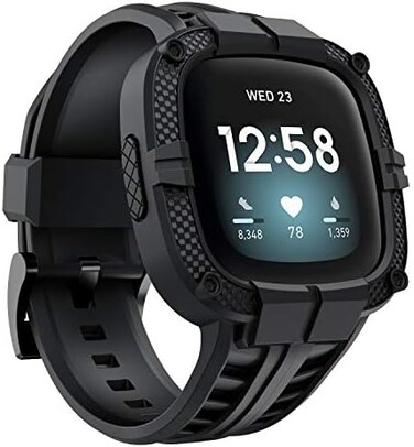 GELISHI Compatible for Fitbit Versa 3/Fitbit Sense Bands with Case, TPU Sport Band Rugged Shockproof Protective Case Wristband for Men Women - Black.
