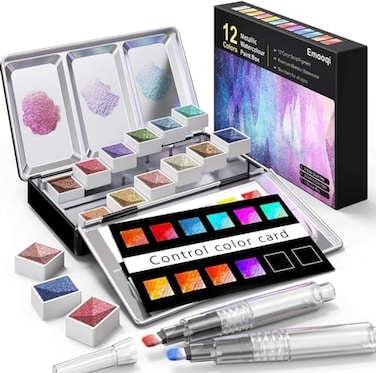 Emooqi Metallic Watercolor Paints Set, Professional Glitter Watercolour Solid Paint Box Include12 Metallic Glitter Color2 Water Brushes2 Color CardStorage Bag, Ideal for Illustrations PaintingMore.