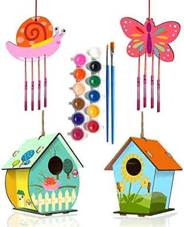 HOME COMPOSER 4 Pack Diy Bird House Wind Chime Kits For Children To Build And Paint, Wooden Arts And Crafts For Kids Girls Boys Toddlers Ages 8-12 4-6 6-8, Paint Kit Includes PaintsBrushes.
