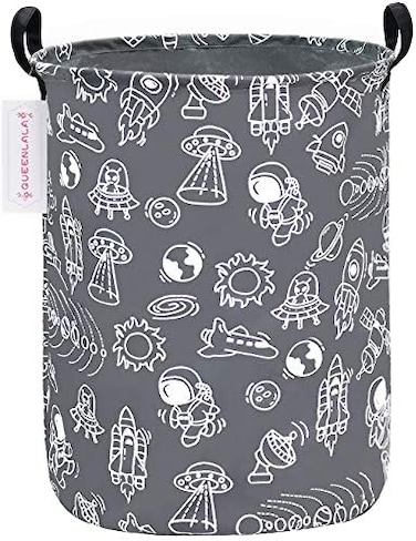 QUEENLALA Large Storage Basket,Laundry Hamper/Bathroom/Home Decor/Collapsible Round Storage Bin,Boys and Girls Hamper/Boxes/Clothing（Round-Grey Space Exploration.