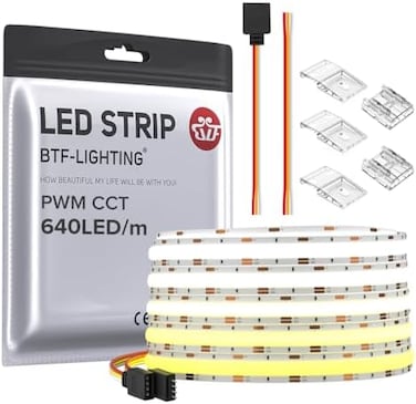 BTF-LIGHTING FCOB COB FOB Flexible High Density CCT LED Strip 16. 4FT/5M 640LEDs/m Tunable 3000K-6000K CRI＞90 Dimmable Deformable LED Light Ribbon for Bedroom Kitchen Home Indoor Decoration DC24V 70W.