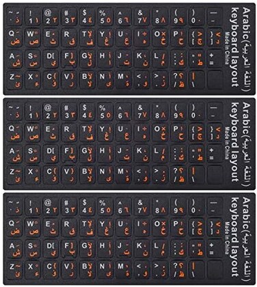 CASEDAO 3PCS Arabic Keyboard Stickers for Laptop, MacBook Air/Pro, Desktop PC Computer, Replacement Keyboard Stickers, Orange Lettering With Non-Transparent Black Background.