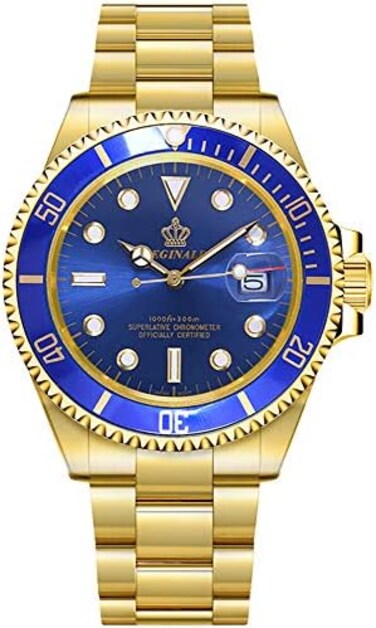 Reginald Men's Watch Luminous Watch Quartz Rotatable Bezel Sapphire Glass Silver Stainless Steel Band and Case Waterproof Sports Gold Watch.