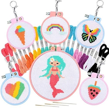 Pllieay 6 PCS Cross Stitch Beginner Projects for Kids 7-13, Starter Cross Kit Sewing Set for Backpack Charms, Needle Craft and Ornaments.
