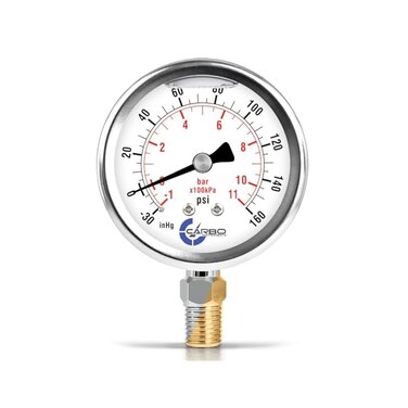CARBO INSTRUMENTS Stainless Steel Pressure Gauge Dual Display (-30 Hg - 0-160 psi/kPa- 2 1-2" Glycerine Liquid Filled Water Air Oil Gas Gauge with Polycarbonate Lens - Compound Vacuum - 1/4" NPT.
