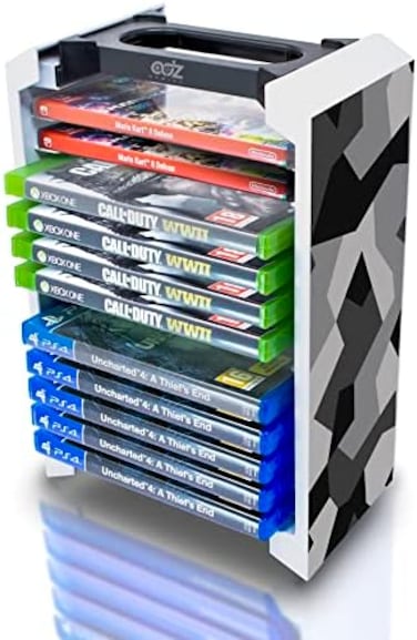 ADZ Gray Camo Game Storage Tower &ndash; Universal Video Game Organizer for PS4, PS5, Xbox, Switch and Blu-Ray &ndash; Holds 12 Disks &ndash; Ultimate Game Holder and Disc Storage Tower.