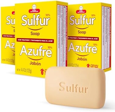 Biosulfur Grisi Sulfur Soap, Acne Treatment, Cleaner Bar Soap, Helps you Reduce Oil Excess and Acne Pimples, Keeps Pores Cleaner, Sulfur 10%, 3-Pack of 4. 4 Oz, Bar Soaps, yellow.
