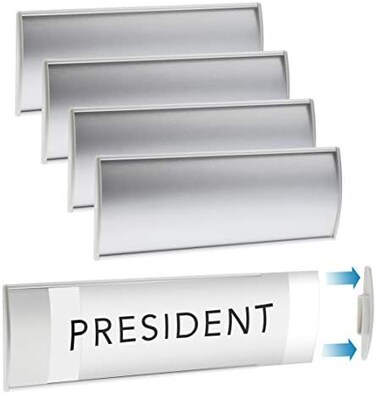 GlossyEnd Set of 6 &ndash; SturdyElegant Silver Aluminum Wall Mount Name Plate Holder, Curved Office Business Door Sign Holder with Adhesive Tape, 8&rdquo; X 3&rdquo; - Plastic Film Included, Paper Inserts NOT Included