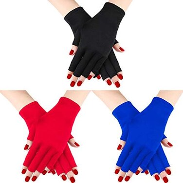 Syhood 3 Pairs UV Shield Glove Gel Manicures Glove Anti UV Fingerless Gloves Protect Hands from UV Light Lamp Manicure Dryer (Black, Red, Royal Blue.