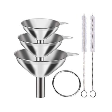 YLYL 6 Pcs Metal Stainless Steel Funnel, Large Small Funnel Set of 3, Food Grade Mini Funnels for Kitchen Use Filling Bottles Liquor Flask Tiny Spice Cooking Powder Water, 2 Pcs Cleaning Brushes.