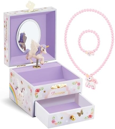 RR ROUND RICH DESIGN Kids Musical Jewelry Box for Girls with Drawer and Jewelry Set with Brave Unicorn - Beautiful Dream Tune Purple.