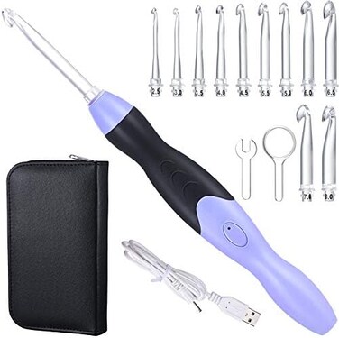 Chuangdi 11 Sizes Lighted Crochet Hooks Set Rechargeable Crochet Hook Light Up Crochet Hooks with Case, Interchangeable Heads 2. 5 mm to 8 mm for DIY Craft Supplies (Purple-Black.