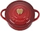 Le Creuset Stoneware Mini Round Cocotte, 8oz. , Cerise with Gold Heart Knob.