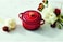 Le Creuset Stoneware Mini Round Cocotte, 8oz. , Cerise with Gold Heart Knob.
