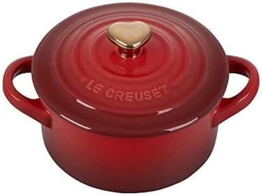 Le Creuset Stoneware Mini Round Cocotte, 8oz. , Cerise with Gold Heart Knob.