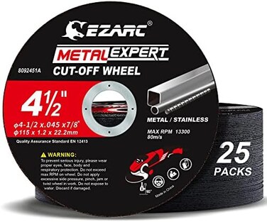 EZARC Cutting Discs for Metal Steel, Stainless Steel, Pack of 25, 115 mm.