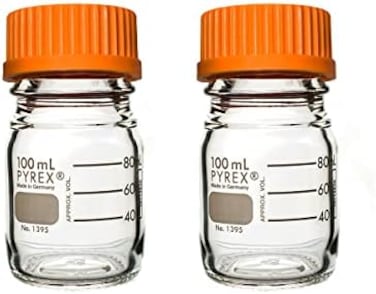 PYREX Round Media Storage Bottle with GL45 Screw Cap - Borosilicate Glass Bottles with Caps - Premium Scientific Glassware for Labs, Classrooms or Home Use - PYREX Glass Container, 100mL, 2/Pk.