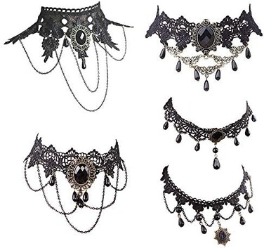 Dumcondy Halloween Elegant Sexy Women Girl Retro Gothic Punk Style Necklace Black Lace Neck Chain Collar Statement Choker Victorian Steampunk Jewelry Party Wedding Princess,5 Pieces/Set.