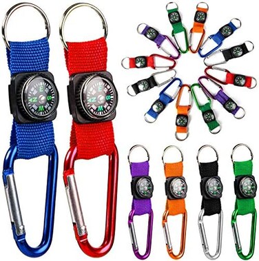 PROLOSO Colorful Carabiner Compass Keychain Belt Clips Kids Toys Prizes Outdoors Adventure Party Favors 20 Pcs, Multi, Medium.