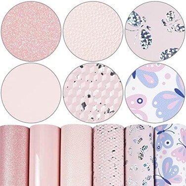 Litchi 6 Pieces 8x12 Inch (21cmx30cmFaux Leather Sheets Mixed Baby Pink Series Fine Glitter Metallic Litchi Patent Embossing Butterfly Pattern Faux Leather Fabric for Leather Bows Earrings Making.